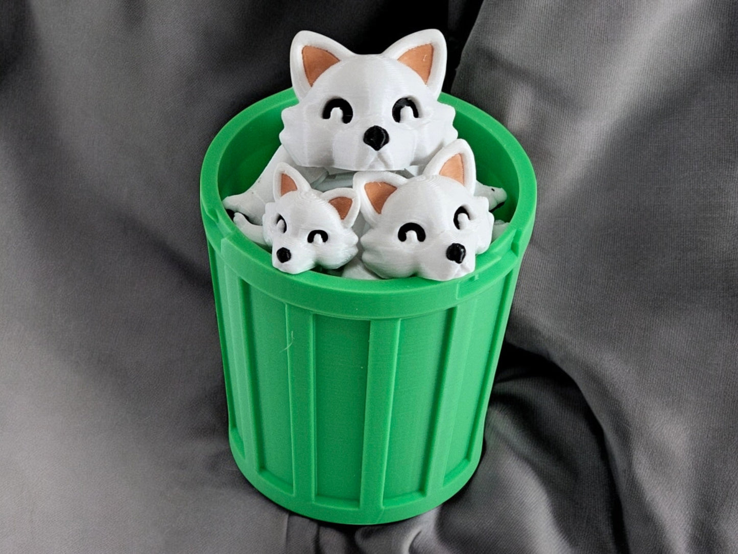 3D Printed Snow Fox Family Toy Set with Trash Can - Fun and Unique Artic Fox Figures for Kids - Eco-Friendly Playtime