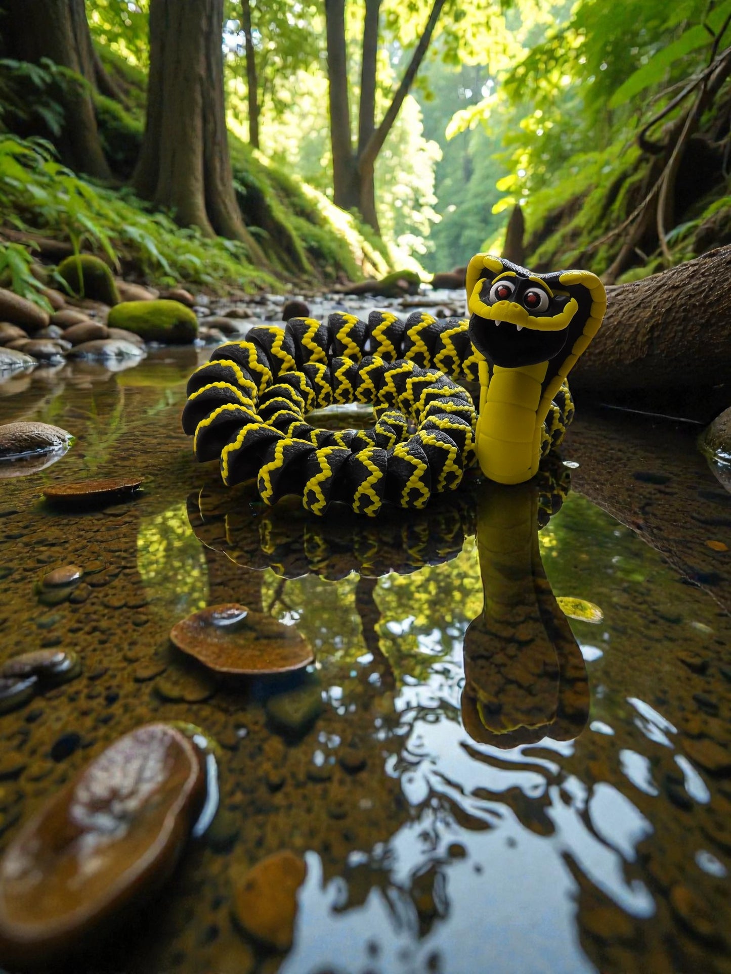 Snake with yellow and black pattern on a reflective water surface in a forest setting