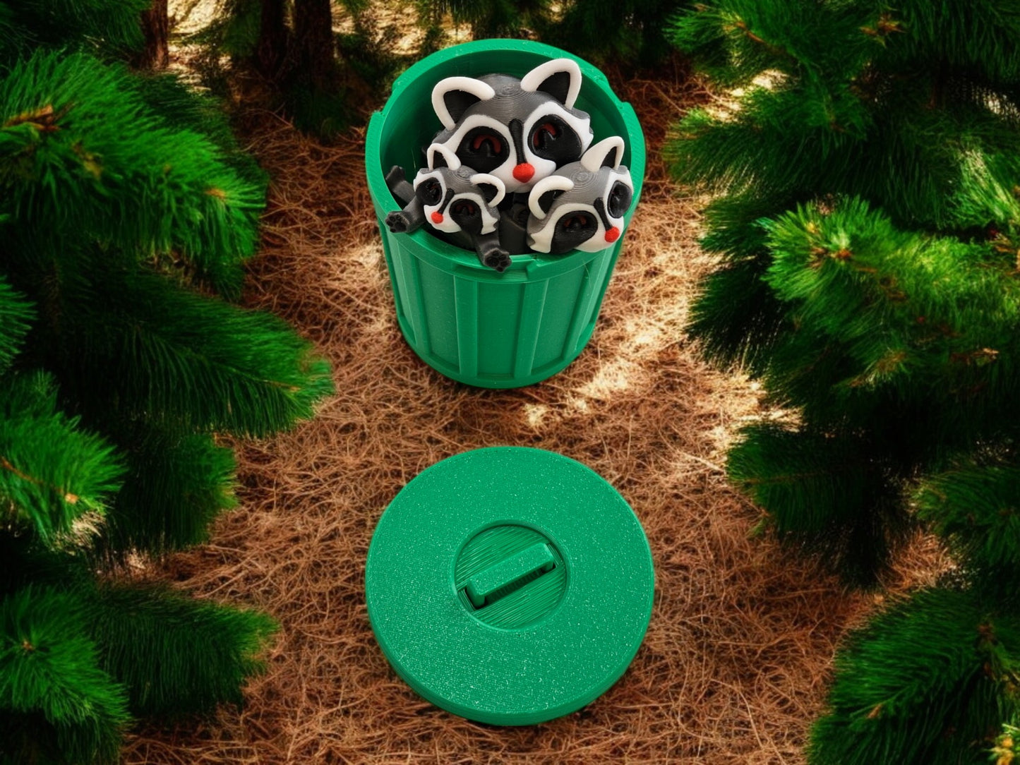 3D Printed Racoon Family Toy Set with Trash Can - Fun and Unique Racoon Figures for Kids - Eco-Friendly Playtime