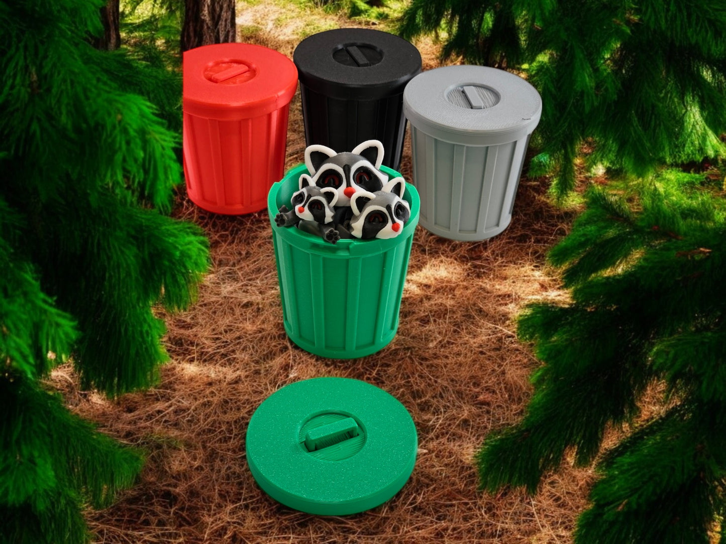 3D Printed Racoon Family Toy Set with Trash Can - Fun and Unique Racoon Figures for Kids - Eco-Friendly Playtime