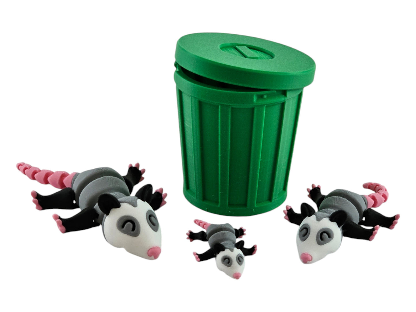 3D Printed Possum Family Toy Set with Trash Can - Fun and Unique Possum Figures for Kids - Eco-Friendly Playtime