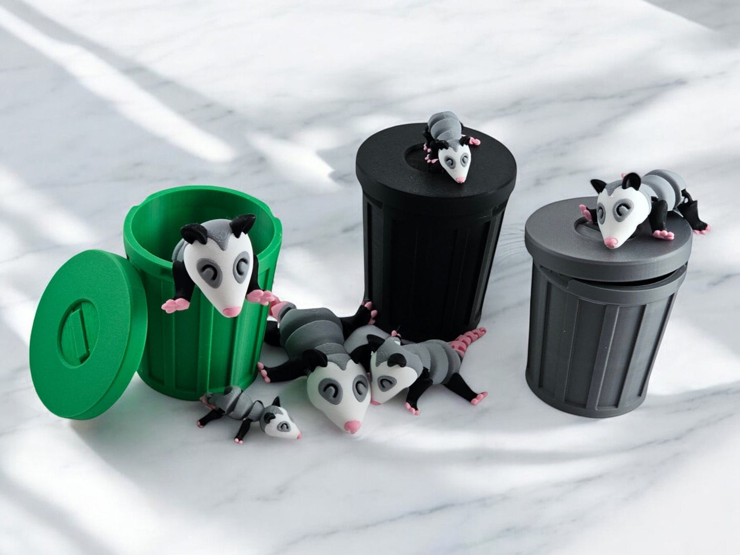 3D Printed Possum Family Toy Set with Trash Can - Fun and Unique Possum Figures for Kids - Eco-Friendly Playtime