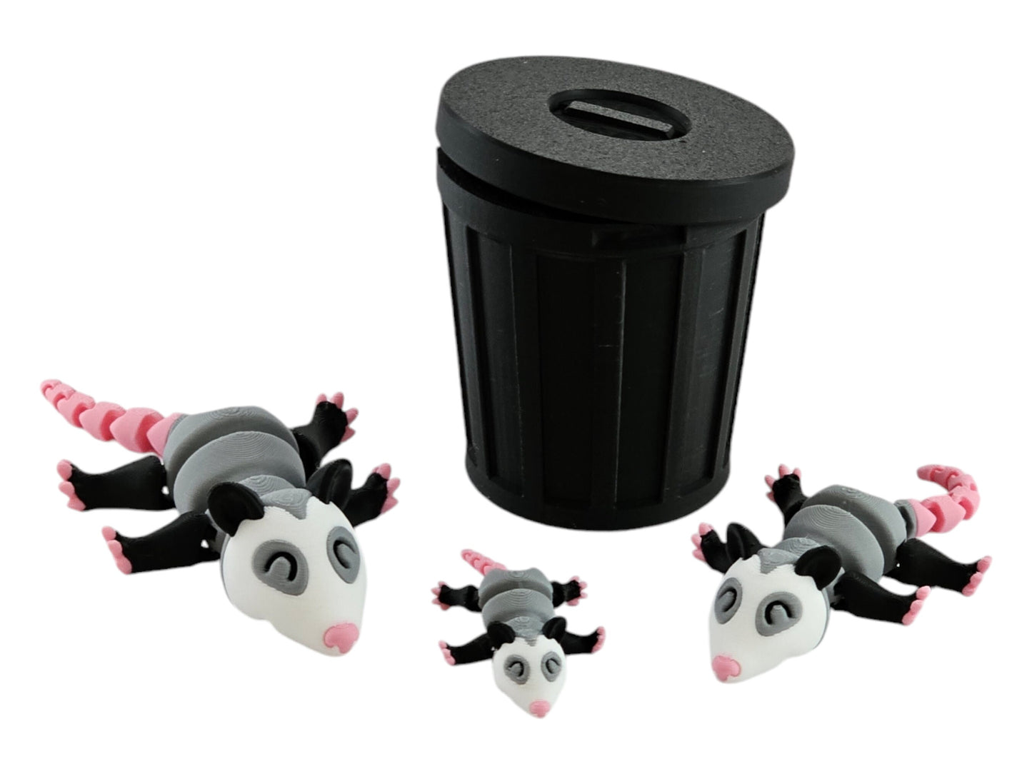 3D Printed Possum Family Toy Set with Trash Can - Fun and Unique Possum Figures for Kids - Eco-Friendly Playtime