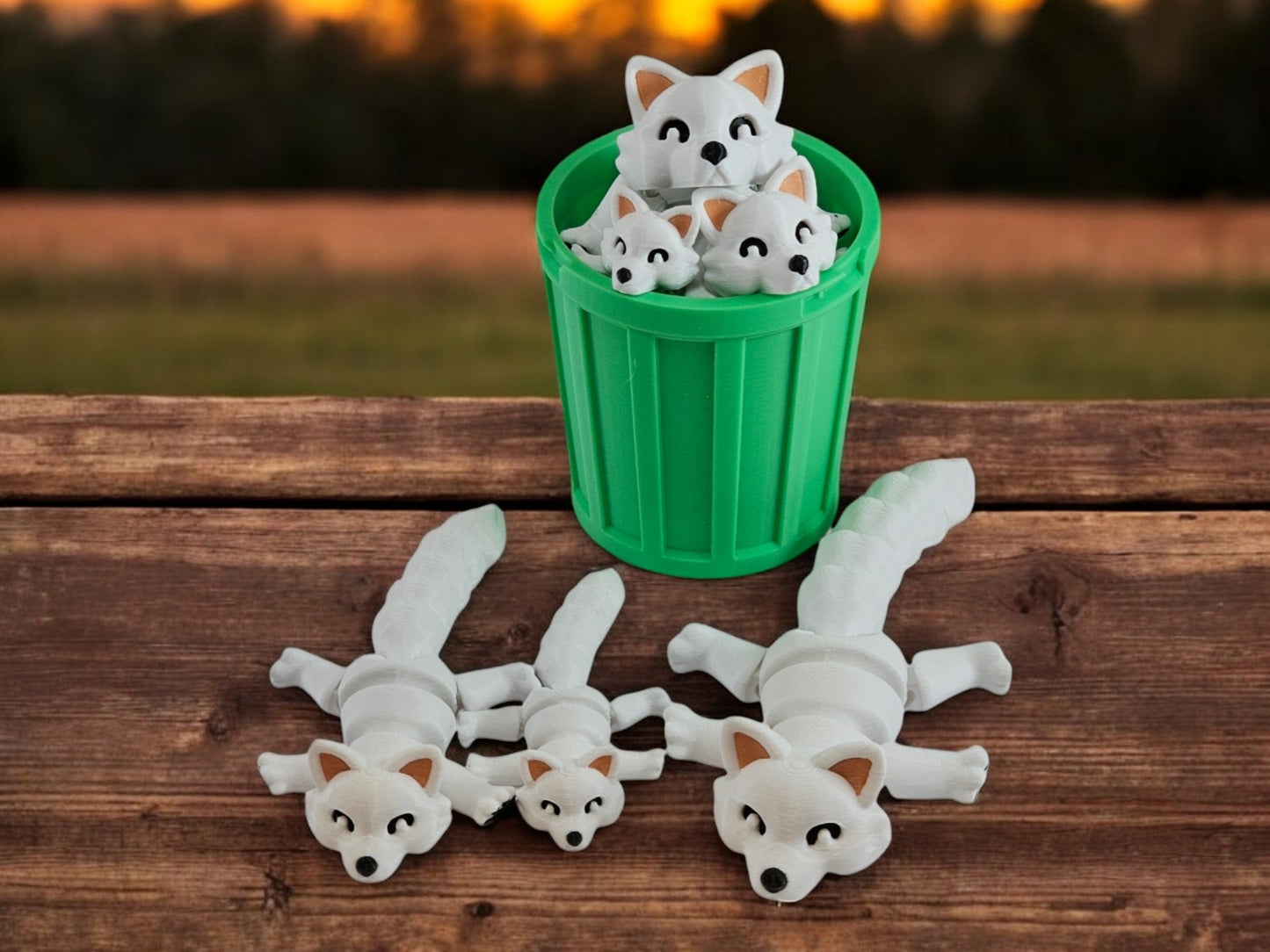 3D Printed Snow Fox Family Toy Set with Trash Can - Fun and Unique Artic Fox Figures for Kids - Eco-Friendly Playtime