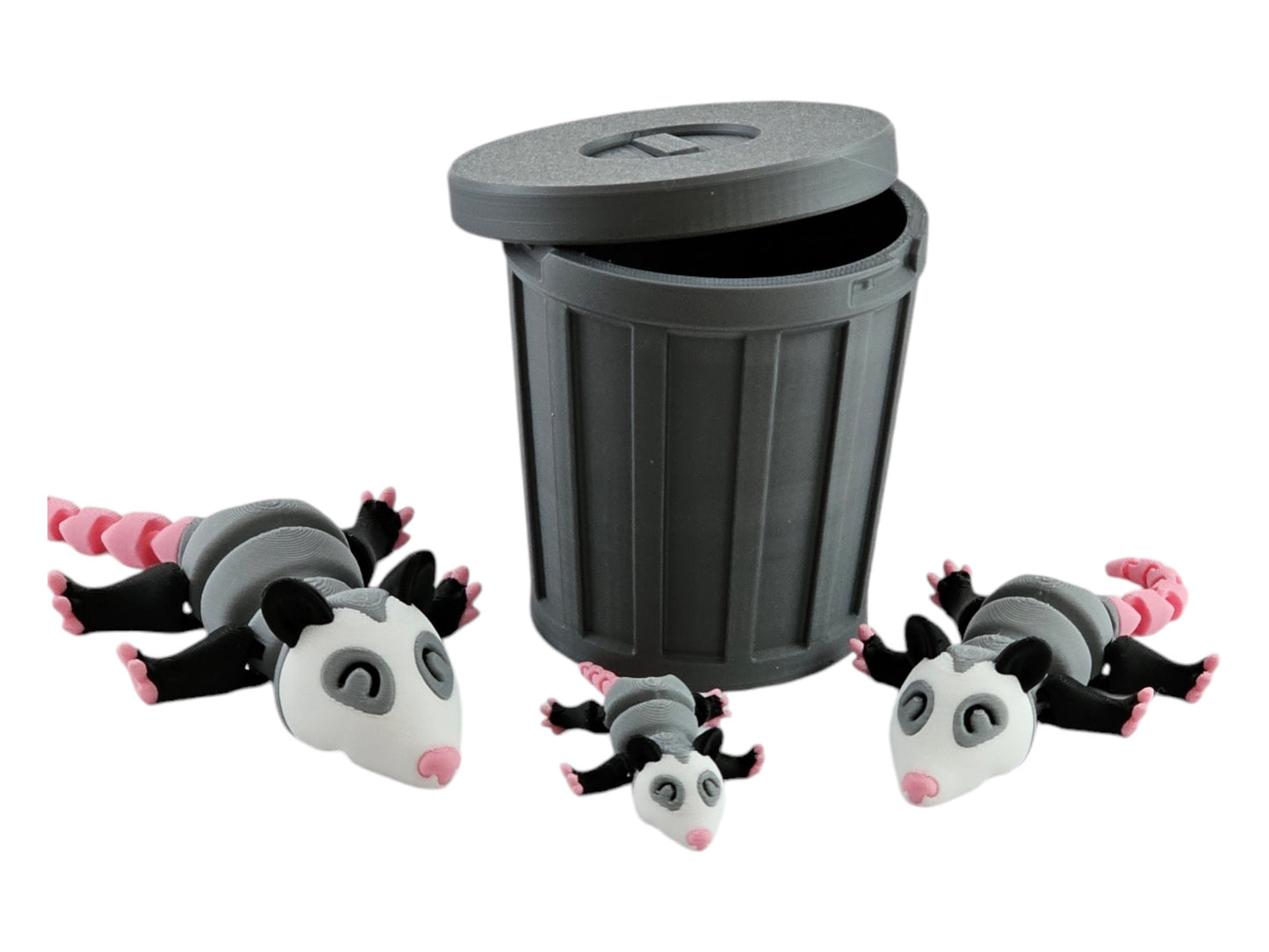 3D Printed Possum Family Toy Set with Trash Can - Fun and Unique Possum Figures for Kids - Eco-Friendly Playtime