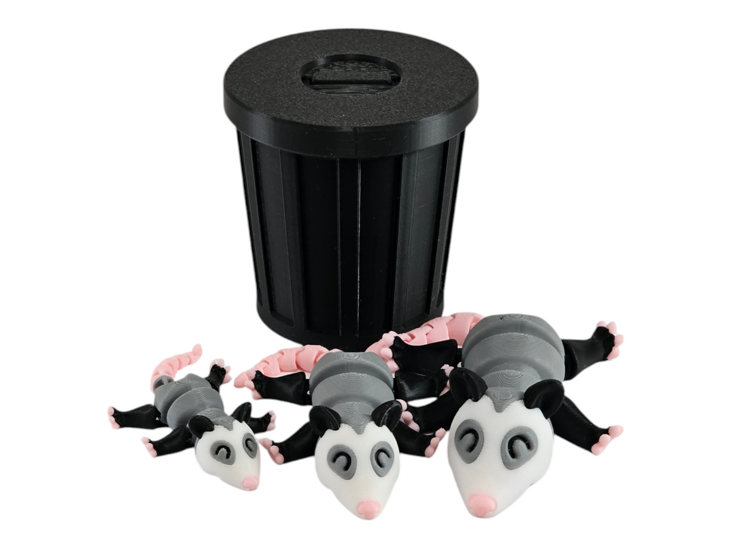 3D Printed Possum Family Toy Set with Trash Can - Fun and Unique Possum Figures for Kids - Eco-Friendly Playtime