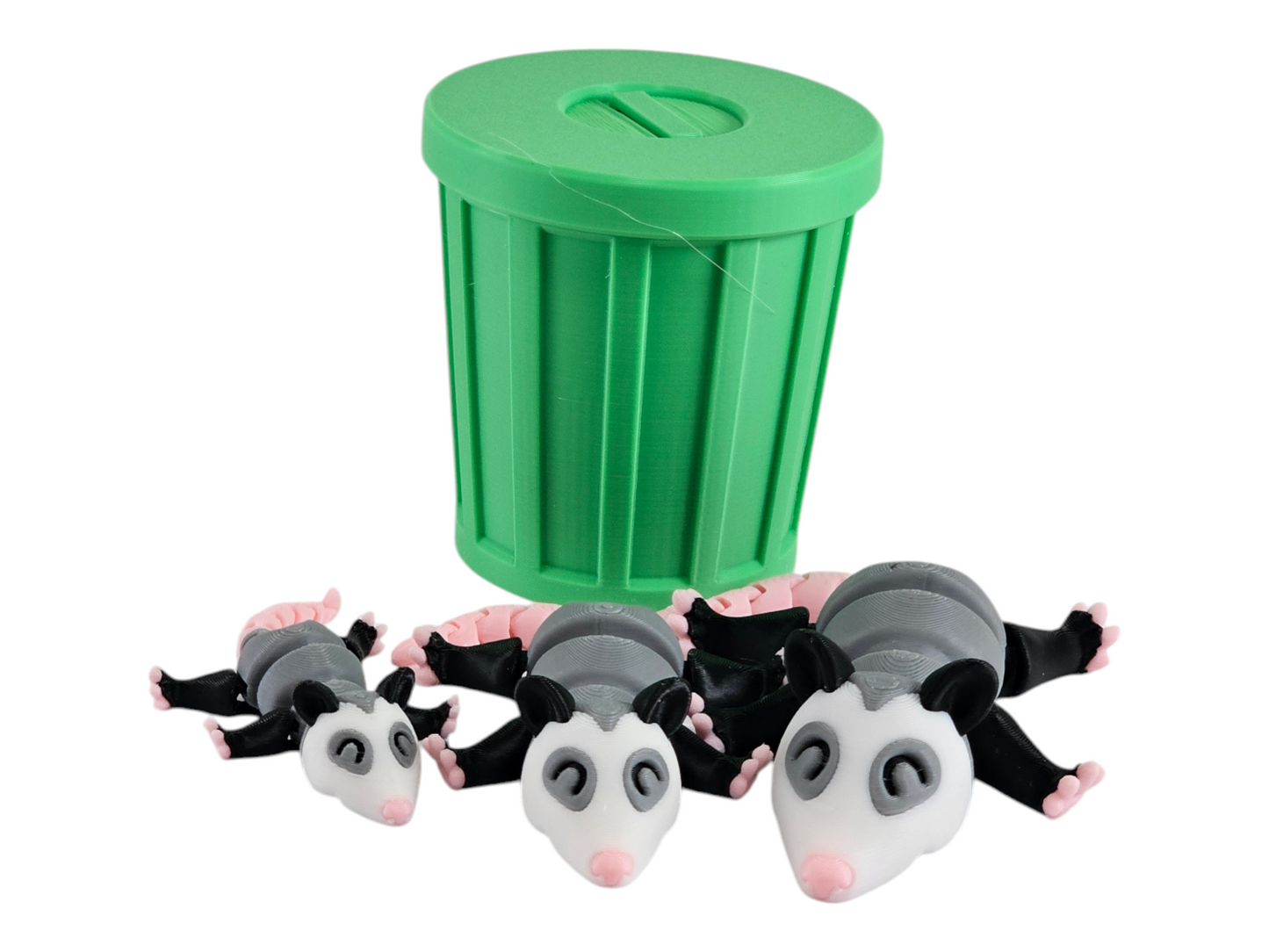 3D Printed Possum Family Toy Set with Trash Can - Fun and Unique Possum Figures for Kids - Eco-Friendly Playtime