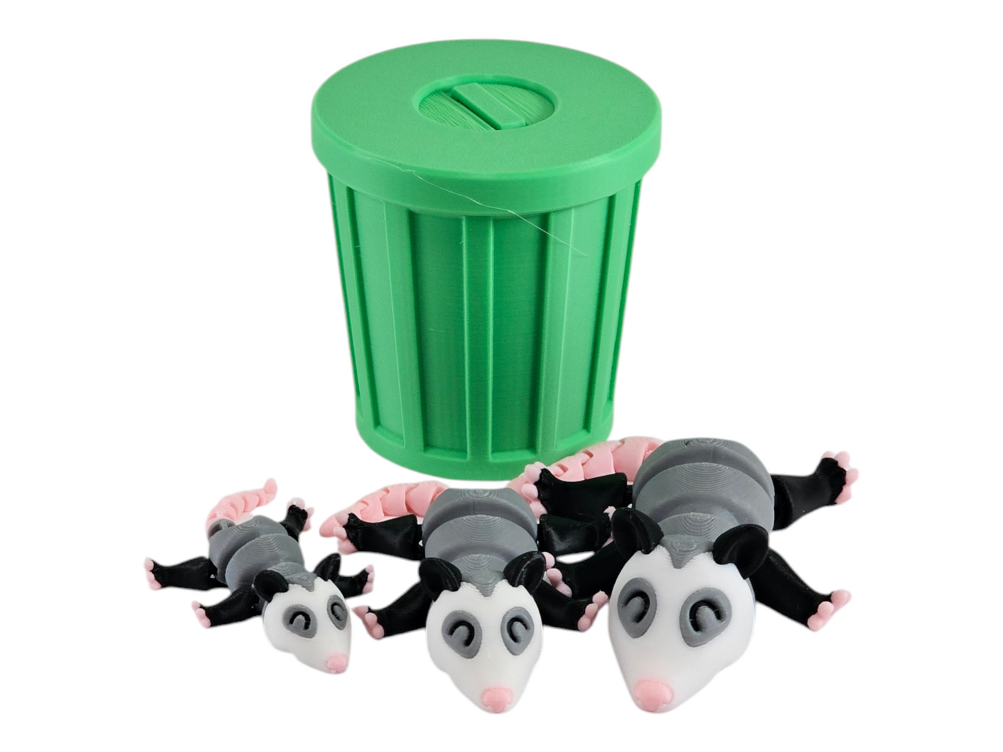 3D Printed Possum Family Toy Set with Trash Can - Fun and Unique Possum Figures for Kids - Eco-Friendly Playtime