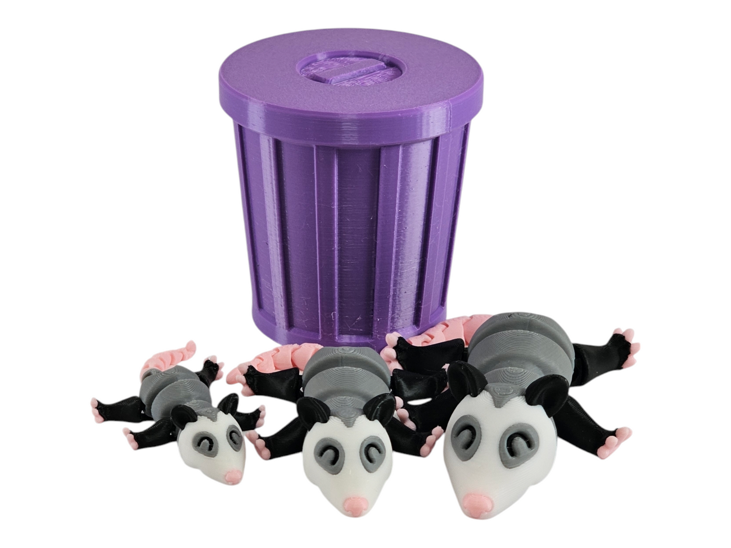 3D Printed Possum Family Toy Set with Trash Can - Fun and Unique Possum Figures for Kids - Eco-Friendly Playtime
