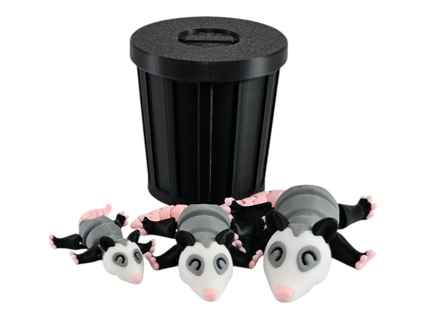 3D Printed Possum Family Toy Set with Trash Can - Fun and Unique Possum Figures for Kids - Eco-Friendly Playtime (AP)