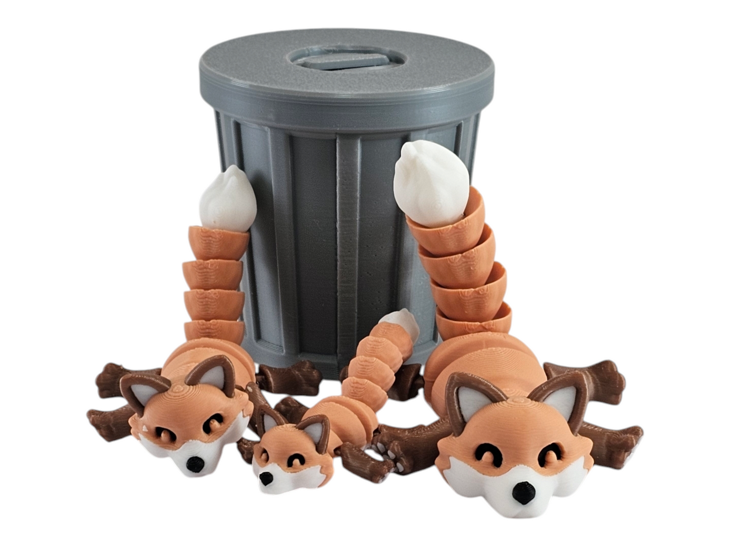 3D Printed Fox Family Toy Set with Trash Can - Fun and Unique Fox Figures for Kids - Eco-Friendly Playtime