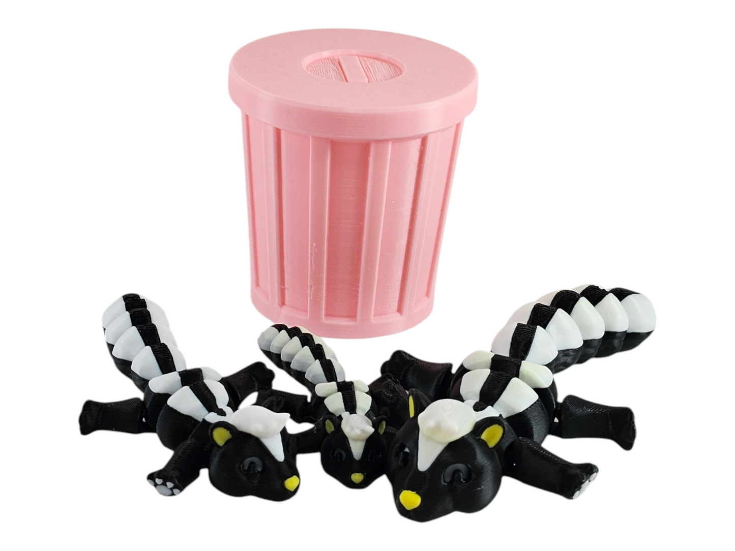 3D Printed Skunk Family Toy Set with Trash Can - Fun and Unique Skunk Figures for Kids - Eco-Friendly Playtime