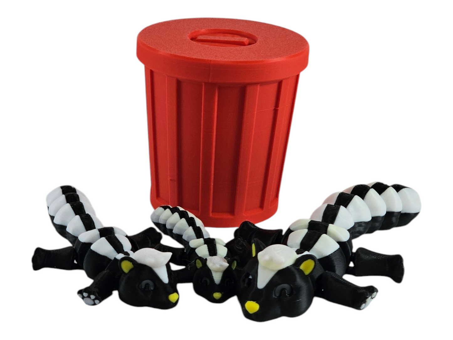 3D Printed Skunk Family Toy Set with Trash Can - Fun and Unique Skunk Figures for Kids - Eco-Friendly Playtime
