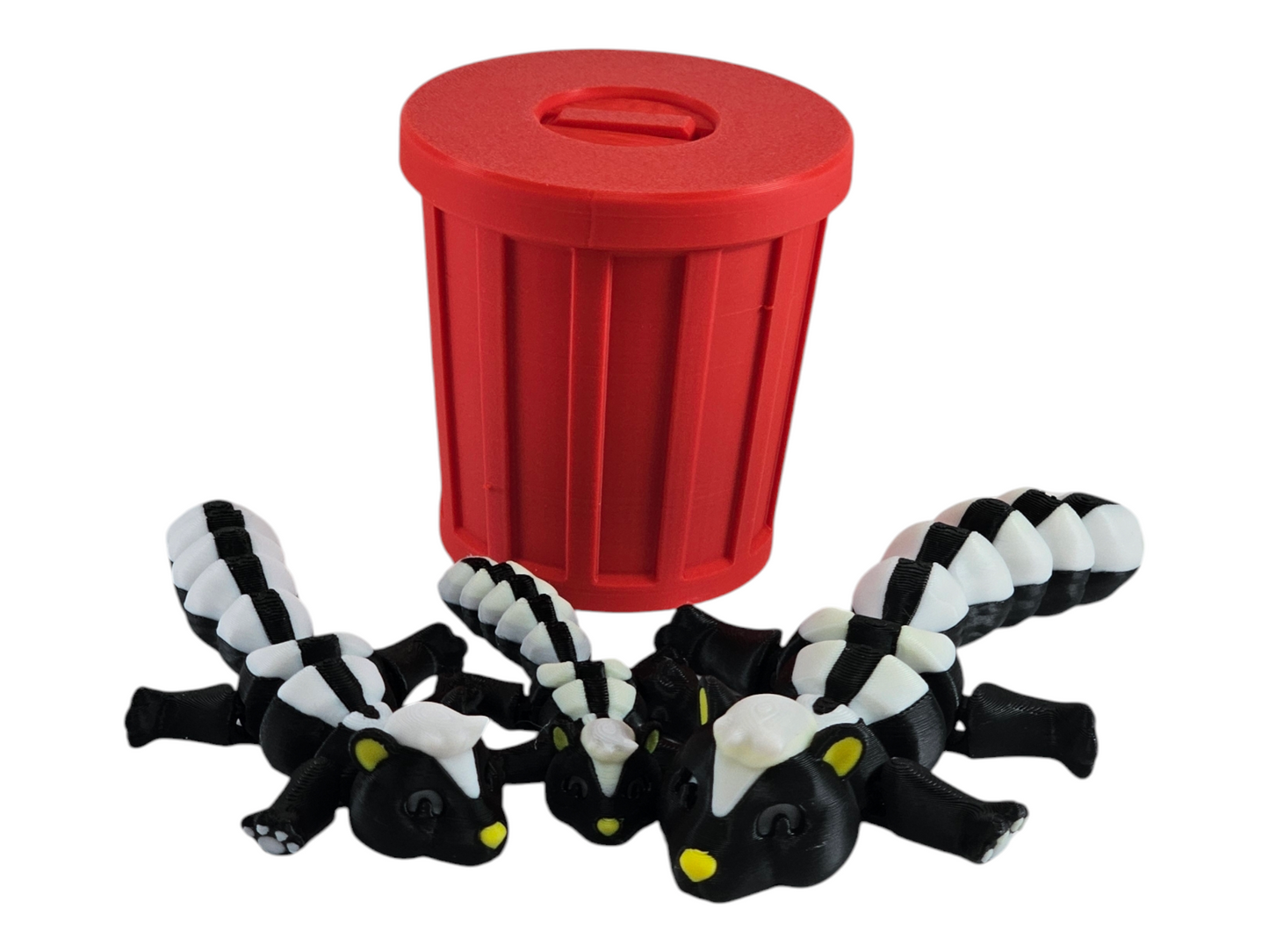 3D Printed Skunk Family Toy Set with Trash Can - Fun and Unique Skunk Figures for Kids - Eco-Friendly Playtime