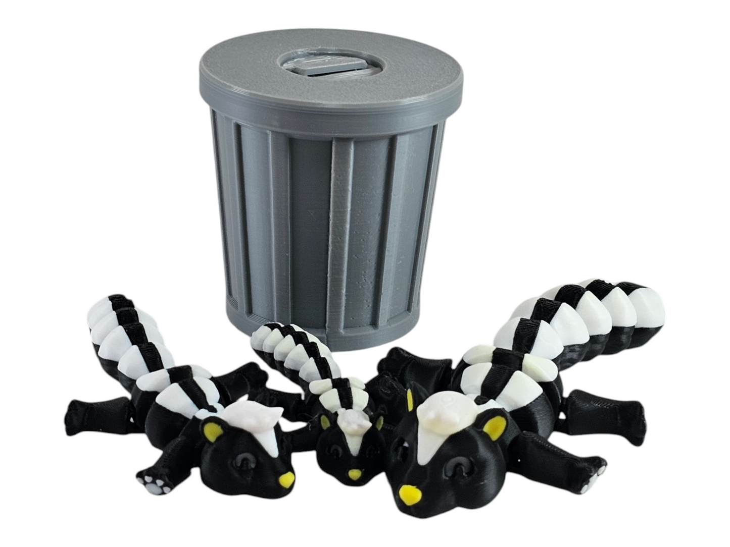 3D Printed Skunk Family Toy Set with Trash Can - Fun and Unique Skunk Figures for Kids - Eco-Friendly Playtime