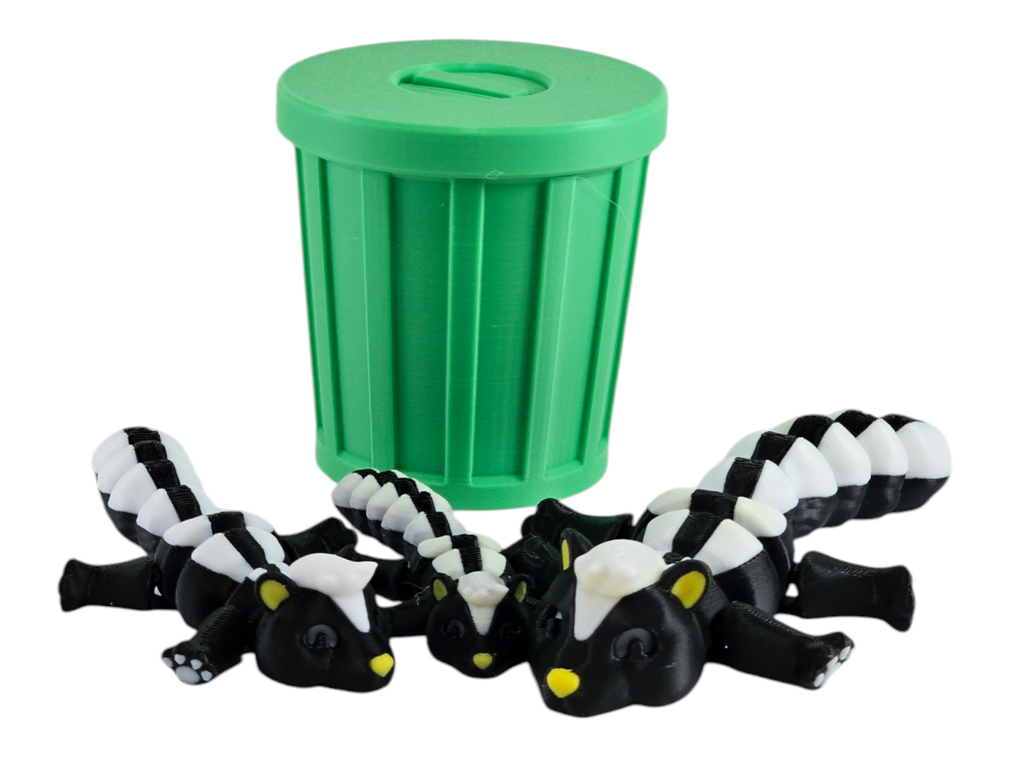 3D Printed Skunk Family Toy Set with Trash Can - Fun and Unique Skunk Figures for Kids - Eco-Friendly Playtime