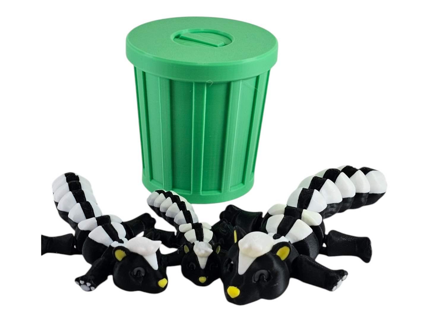 3D Printed Skunk Family Toy Set with Trash Can - Fun and Unique Skunk Figures for Kids - Eco-Friendly Playtime