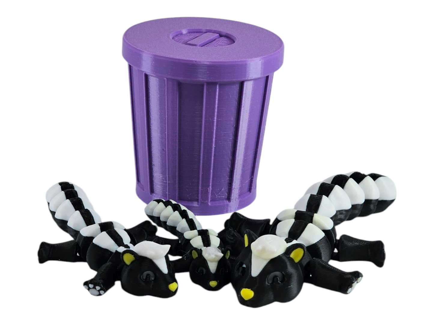 3D Printed Skunk Family Toy Set with Trash Can - Fun and Unique Skunk Figures for Kids - Eco-Friendly Playtime