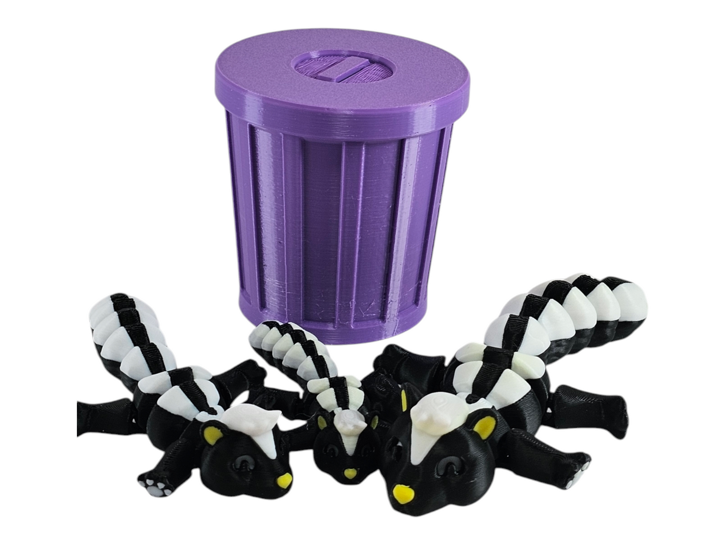 3D Printed Skunk Family Toy Set with Trash Can - Fun and Unique Skunk Figures for Kids - Eco-Friendly Playtime