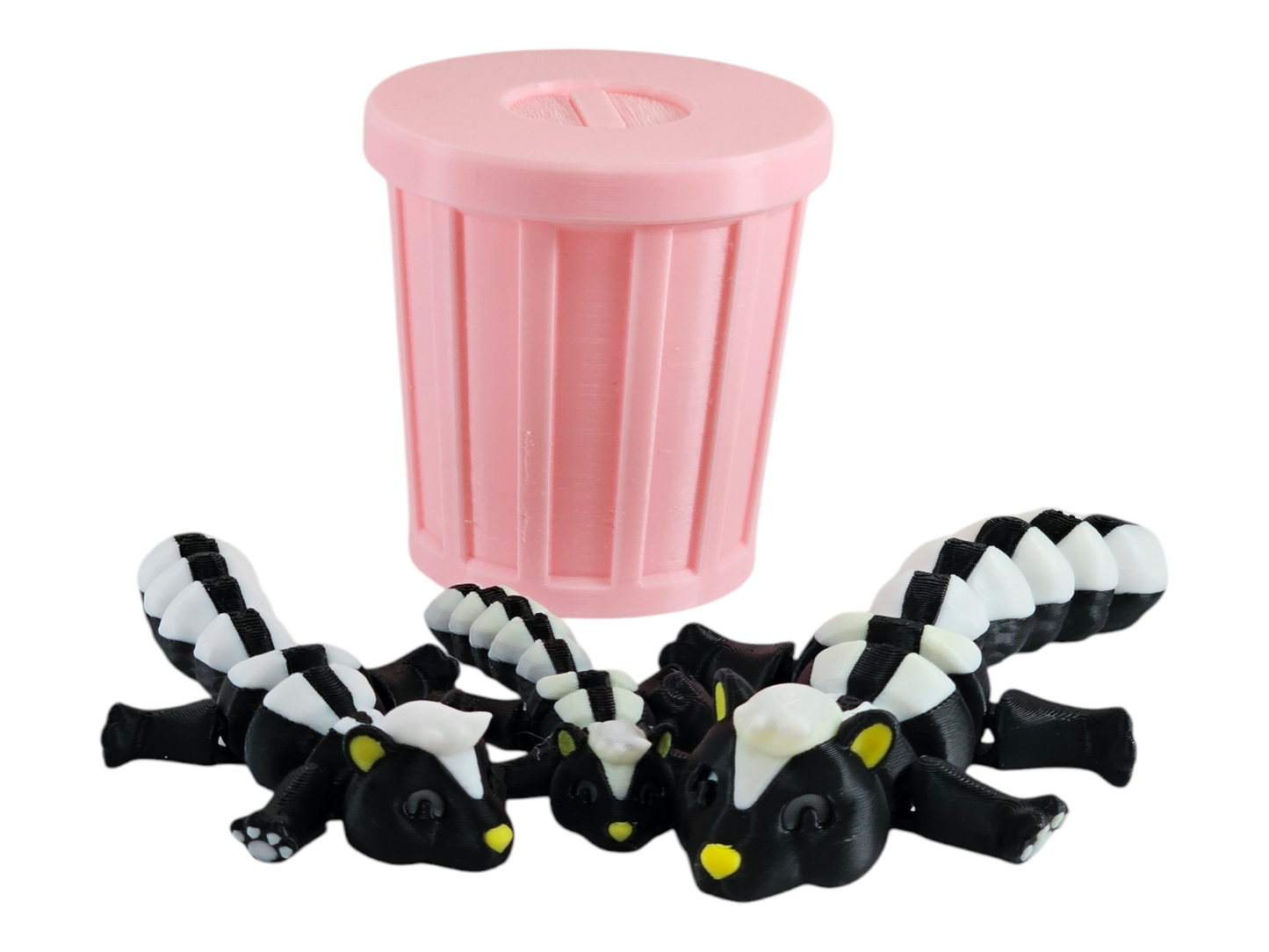3D Printed Skunk Family Toy Set with Trash Can - Fun and Unique Skunk Figures for Kids - Eco-Friendly Playtime