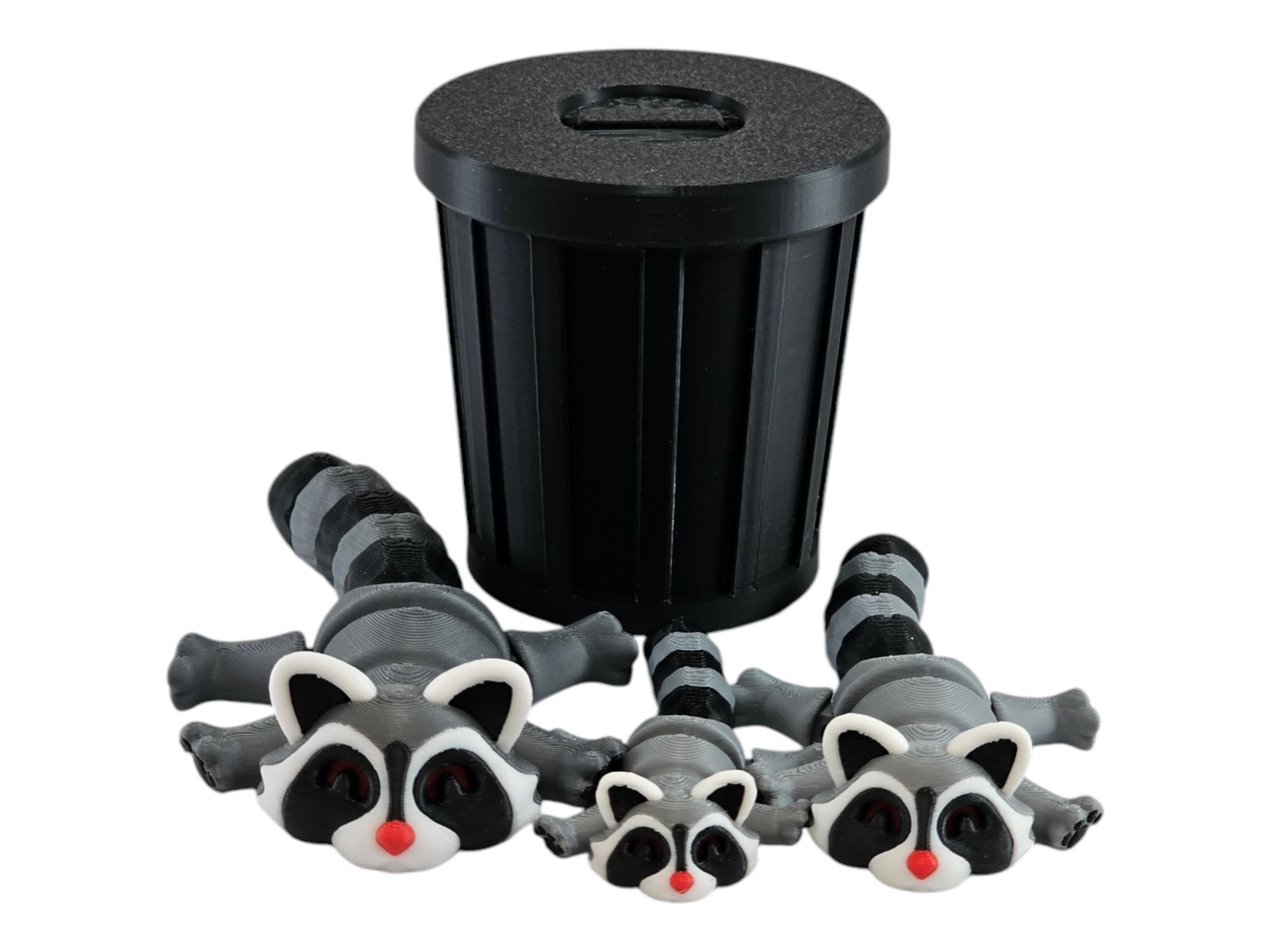 3D Printed Racoon Family Toy Set with Trash Can - Fun and Unique Racoon Figures for Kids - Eco-Friendly Playtime
