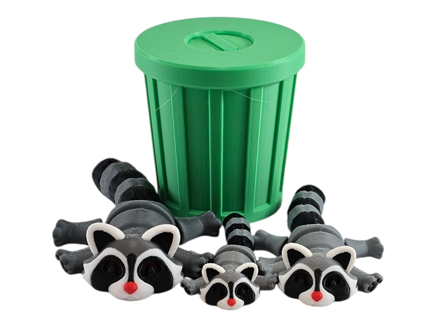 3D Printed Racoon Family Toy Set with Trash Can - Fun and Unique Racoon Figures for Kids - Eco-Friendly Playtime