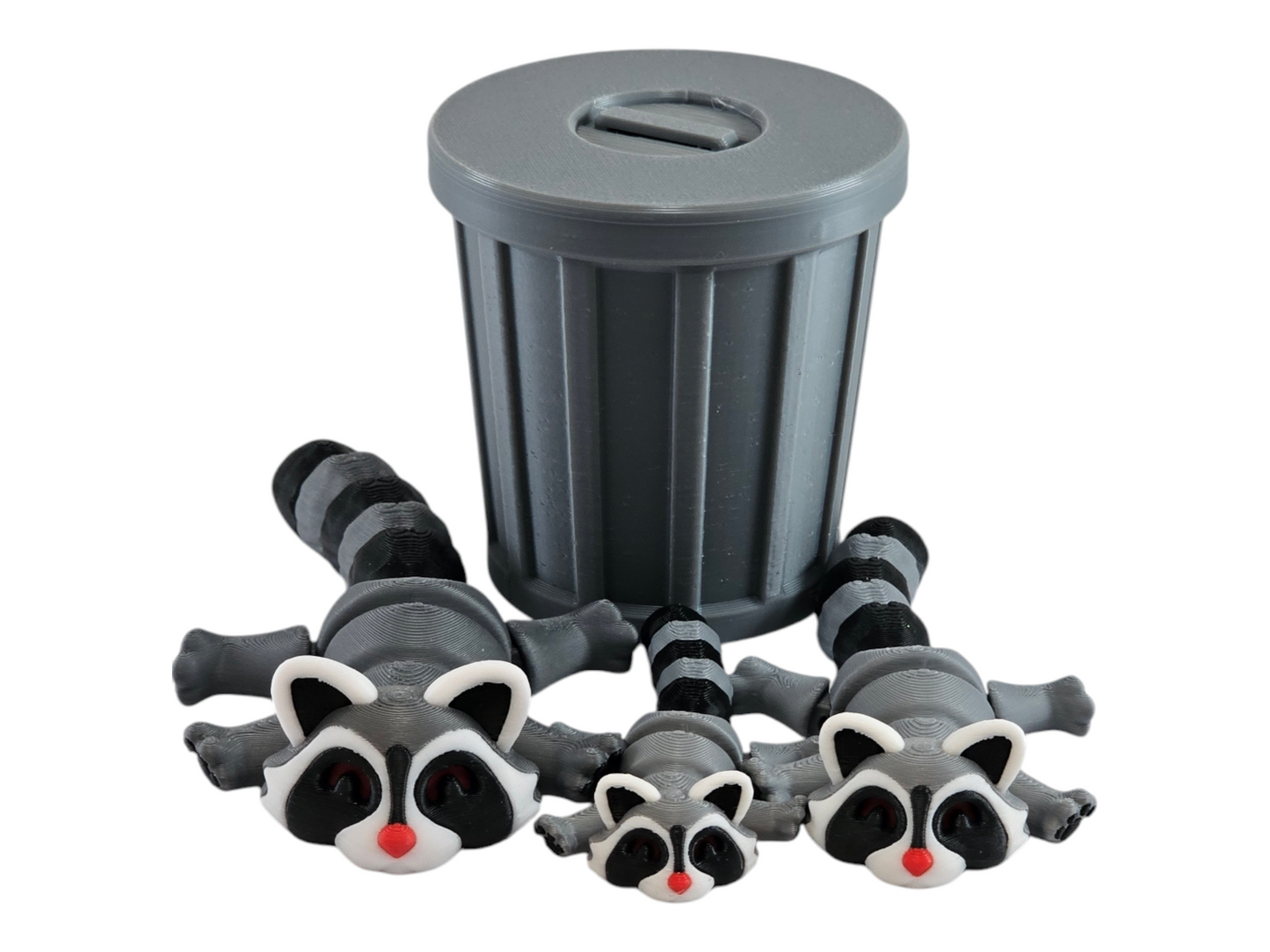 3D Printed Racoon Family Toy Set with Trash Can - Fun and Unique Racoon Figures for Kids - Eco-Friendly Playtime
