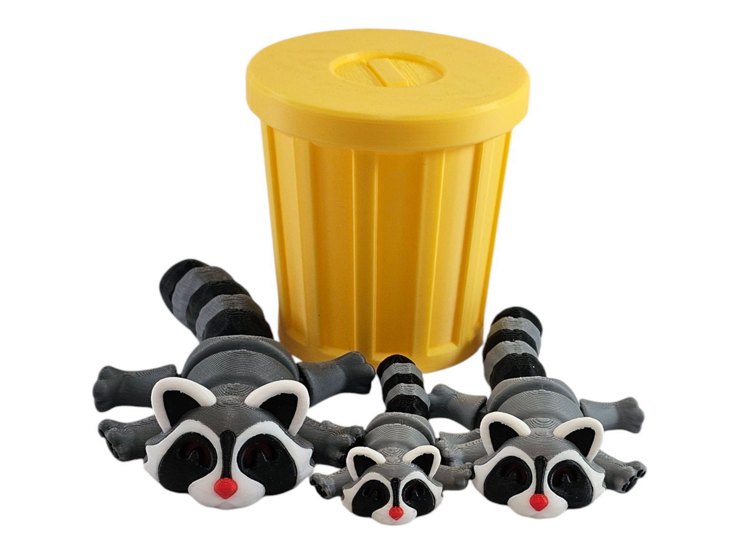 3D Printed Racoon Family Toy Set with Trash Can - Fun and Unique Racoon Figures for Kids - Eco-Friendly Playtime