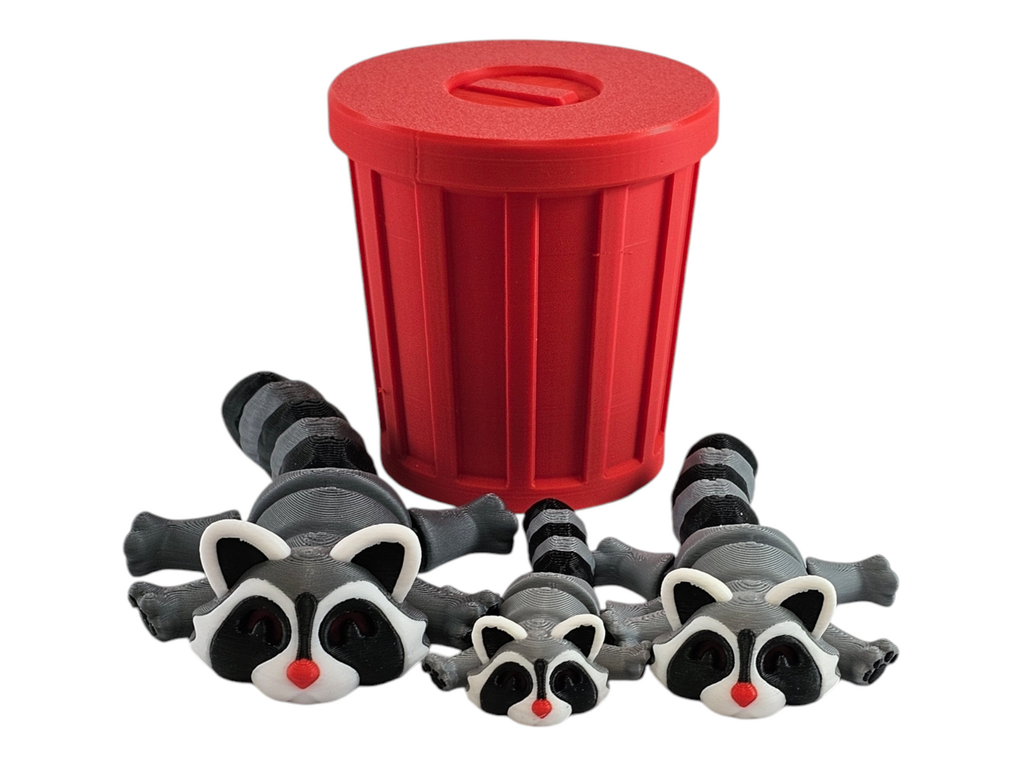 3D Printed Racoon Family Toy Set with Trash Can - Fun and Unique Racoon Figures for Kids - Eco-Friendly Playtime