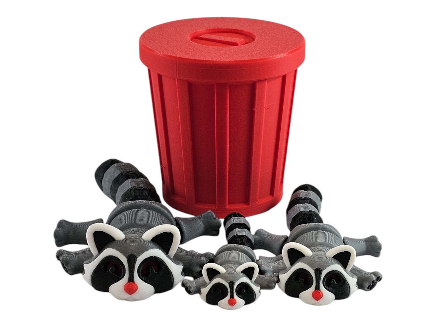 3D Printed Racoon Family Toy Set with Trash Can - Fun and Unique Racoon Figures for Kids - Eco-Friendly Playtime