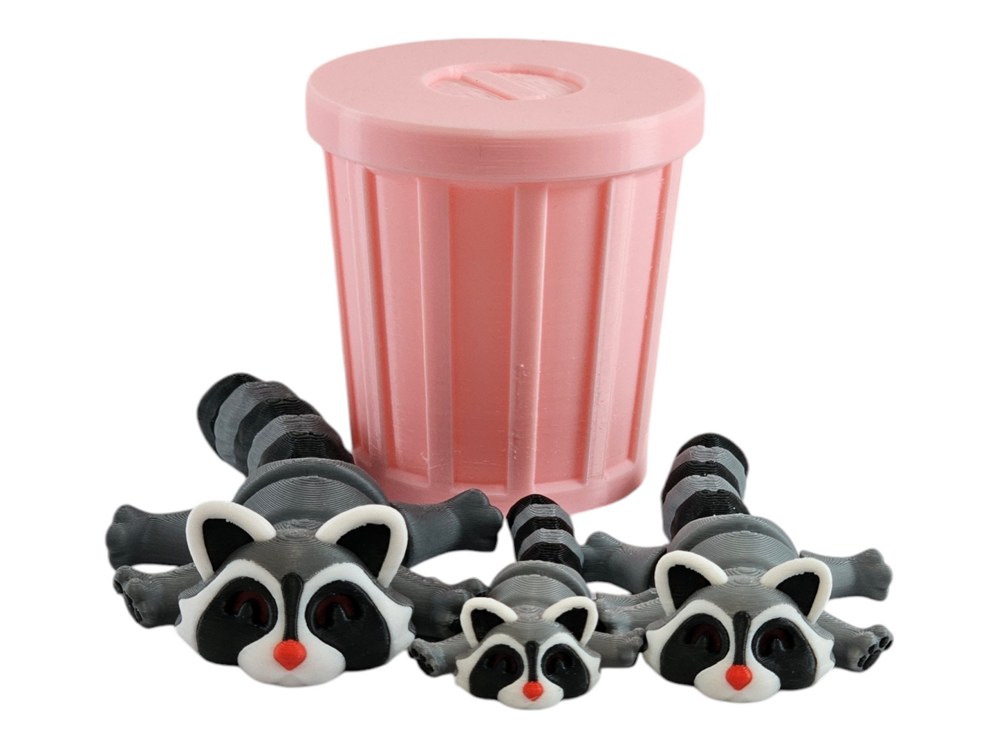3D Printed Racoon Family Toy Set with Trash Can - Fun and Unique Racoon Figures for Kids - Eco-Friendly Playtime