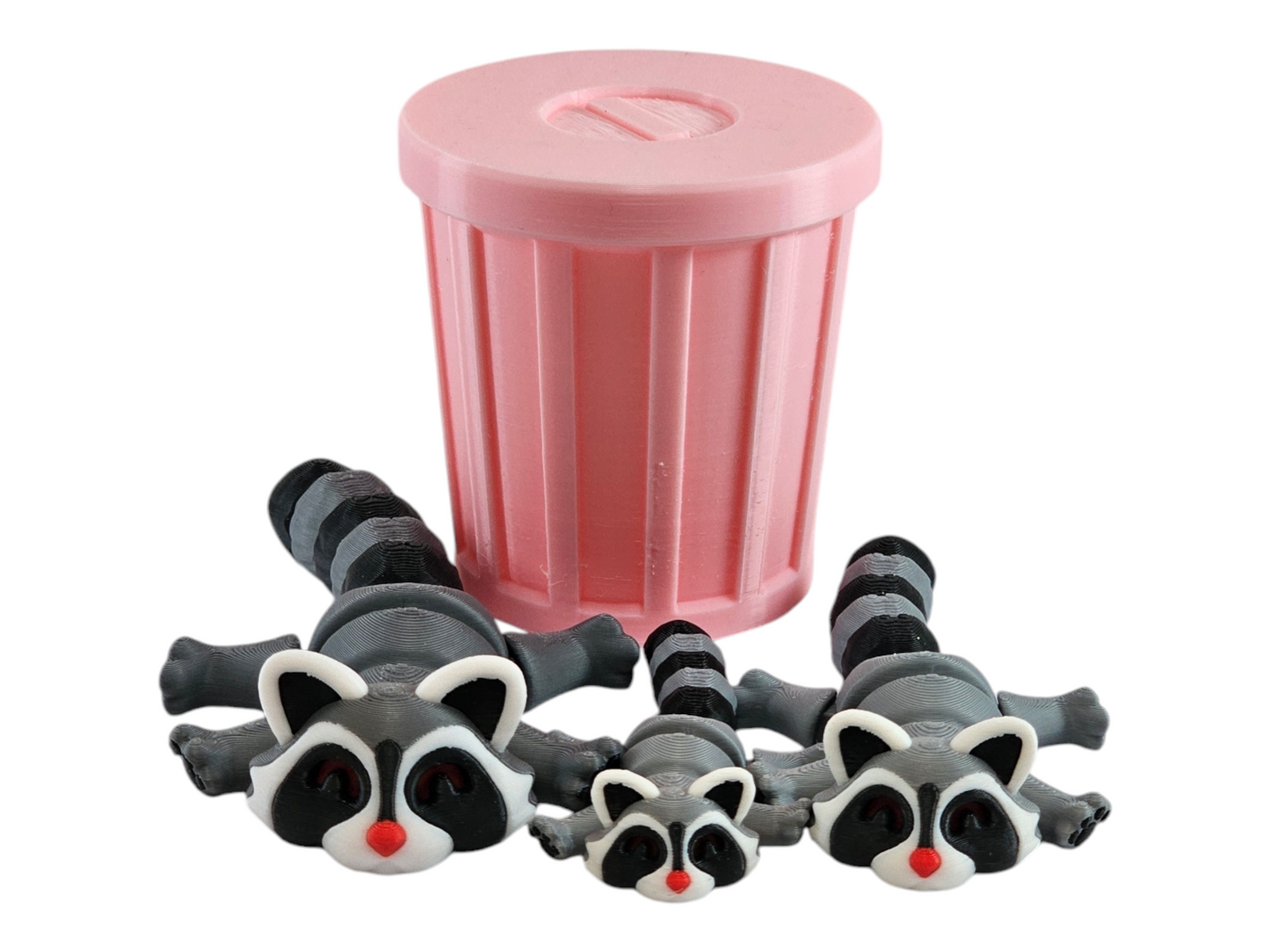3D Printed Racoon Family Toy Set with Trash Can - Fun and Unique Racoon Figures for Kids - Eco-Friendly Playtime