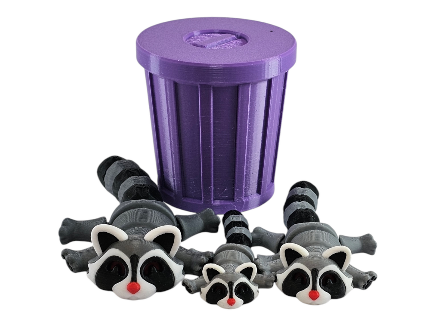 3D Printed Racoon Family Toy Set with Trash Can - Fun and Unique Racoon Figures for Kids - Eco-Friendly Playtime