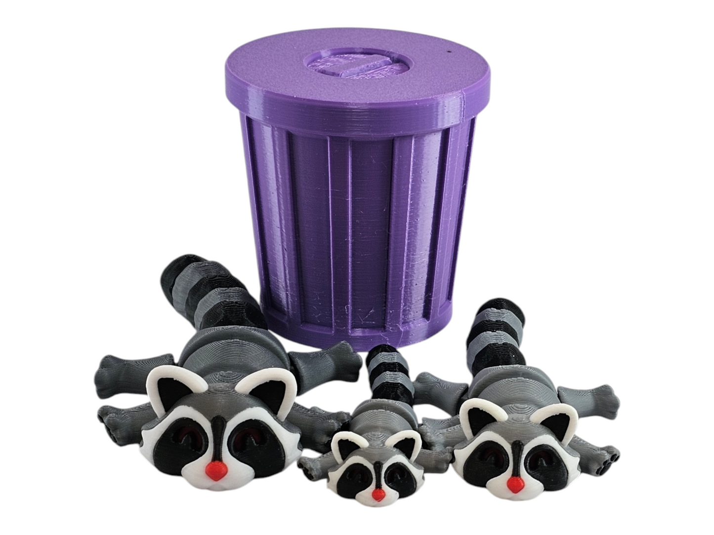 3D Printed Racoon Family Toy Set with Trash Can - Fun and Unique Racoon Figures for Kids - Eco-Friendly Playtime