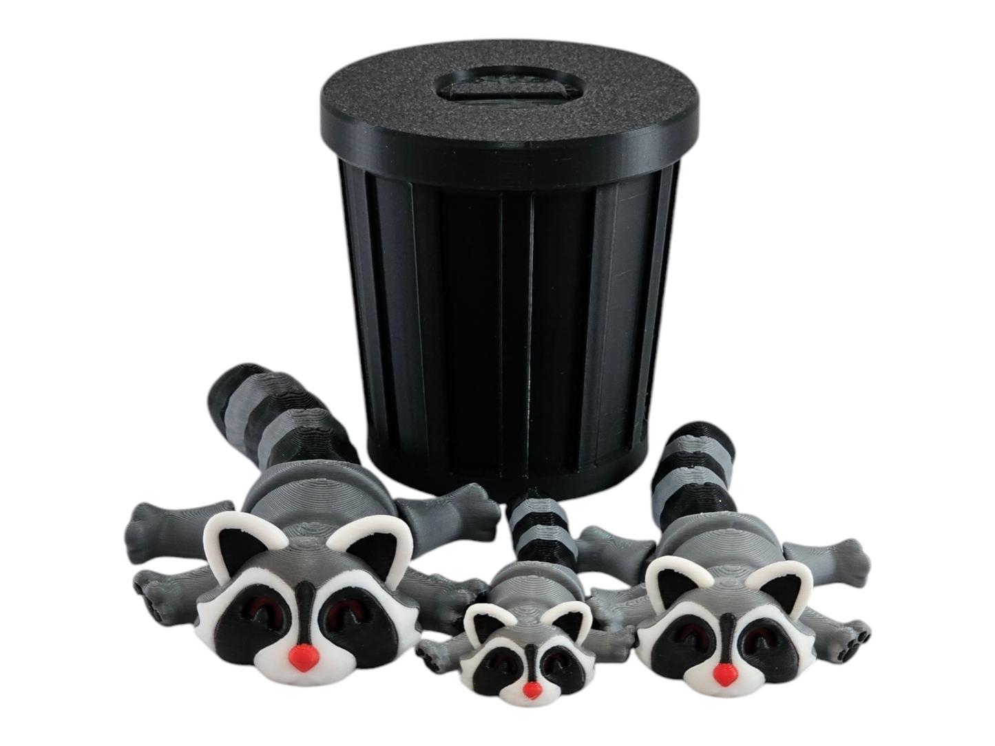 3D Printed Racoon Family Toy Set with Trash Can - Fun and Unique Racoon Figures for Kids - Eco-Friendly Playtime