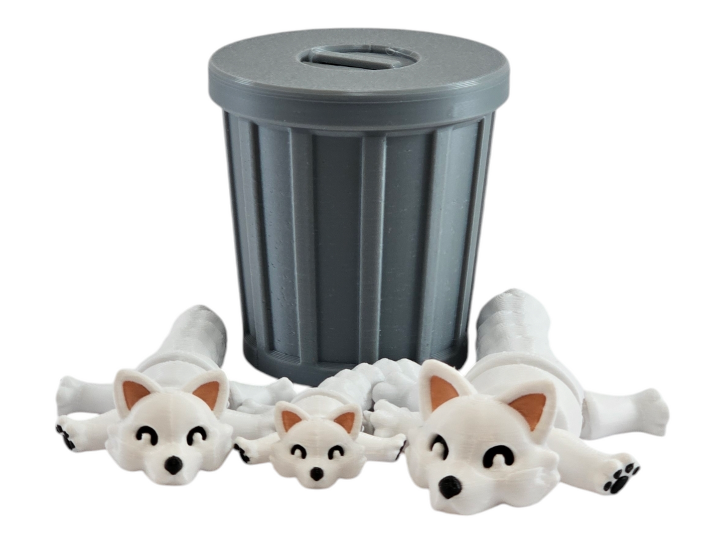 3D Printed Snow Fox Family Toy Set with Trash Can - Fun and Unique Artic Fox Figures for Kids - Eco-Friendly Playtime