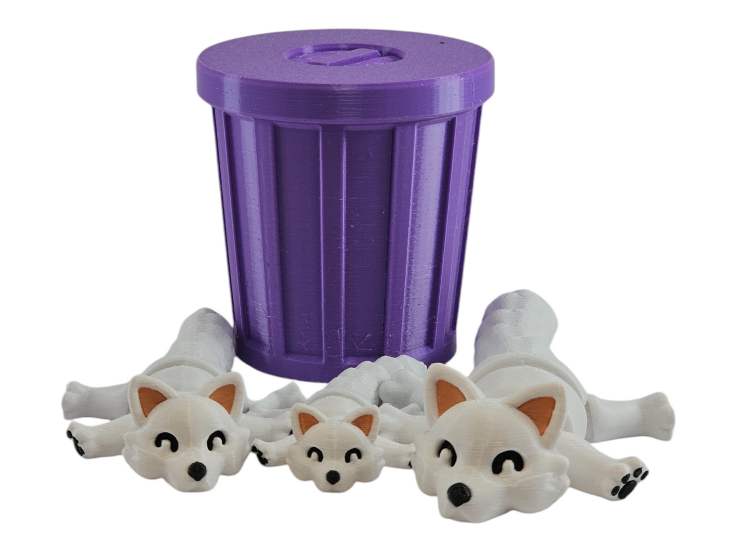 3D Printed Snow Fox Family Toy Set with Trash Can - Fun and Unique Artic Fox Figures for Kids - Eco-Friendly Playtime