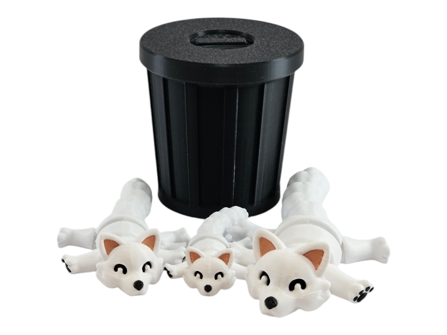 3D Printed Snow Fox Family Toy Set with Trash Can - Fun and Unique Artic Fox Figures for Kids - Eco-Friendly Playtime