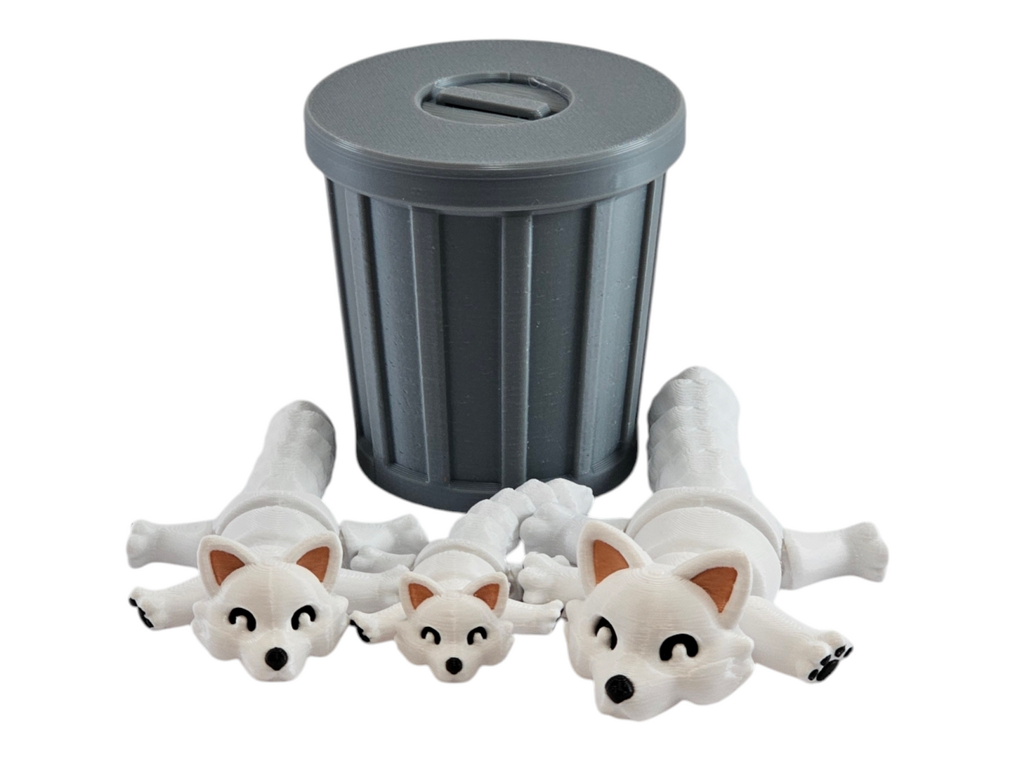 3D Printed Snow Fox Family Toy Set with Trash Can - Fun and Unique Artic Fox Figures for Kids - Eco-Friendly Playtime