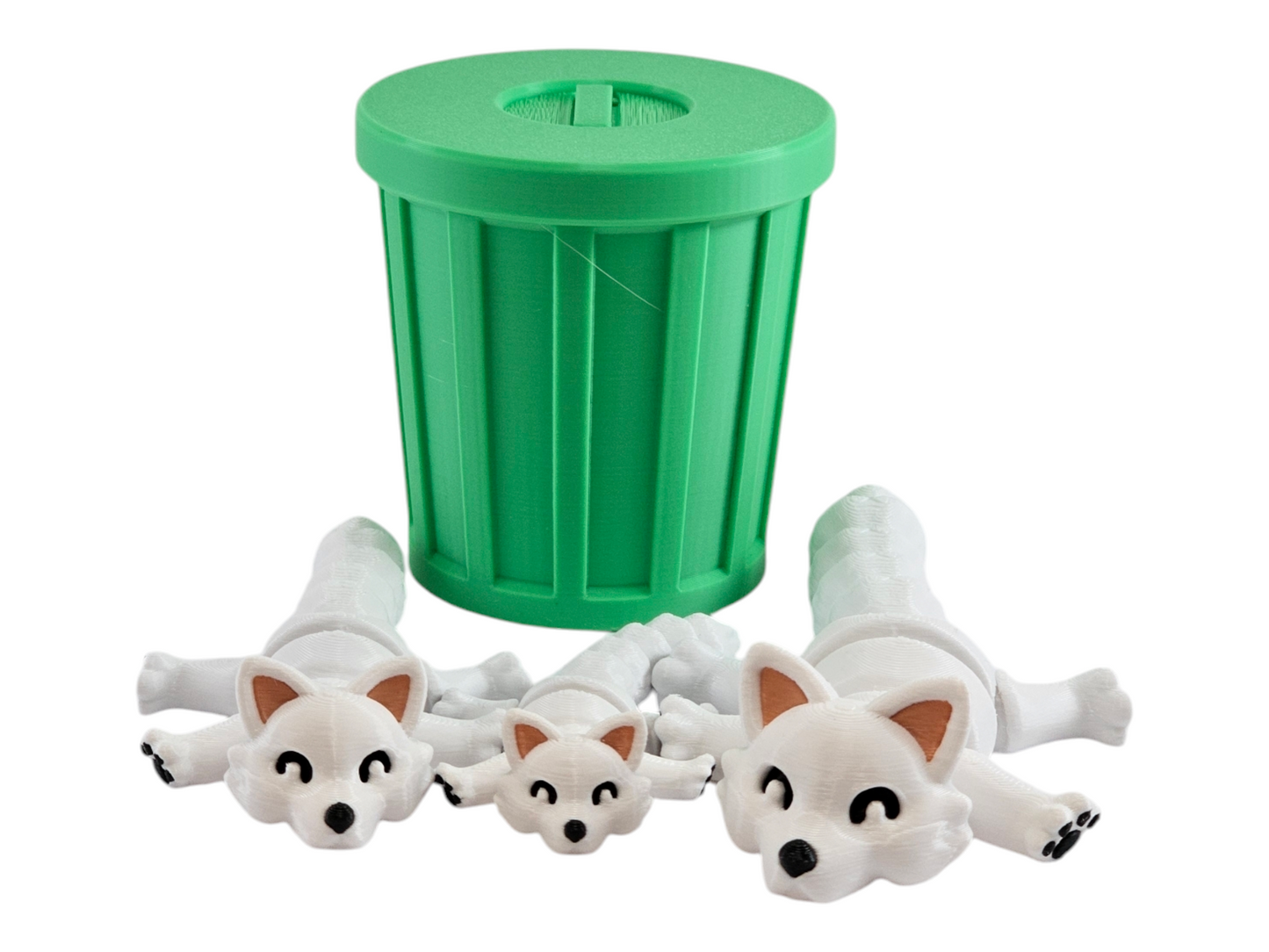 3D Printed Snow Fox Family Toy Set with Trash Can - Fun and Unique Artic Fox Figures for Kids - Eco-Friendly Playtime