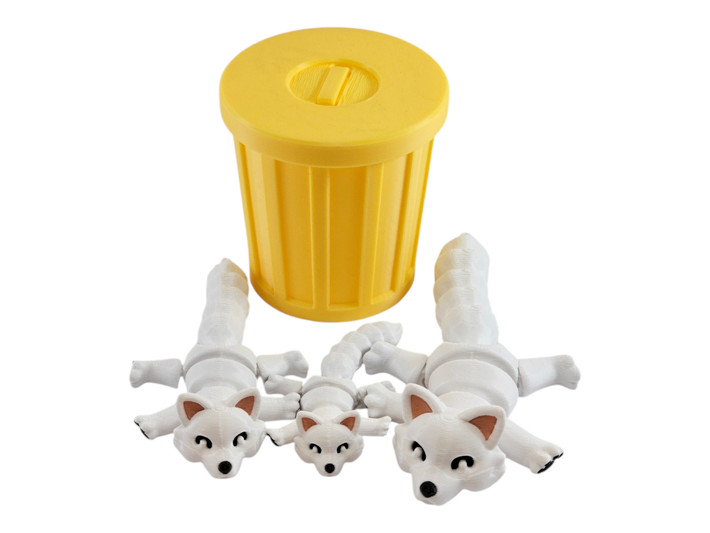 3D Printed Snow Fox Family Toy Set with Trash Can - Fun and Unique Artic Fox Figures for Kids - Eco-Friendly Playtime