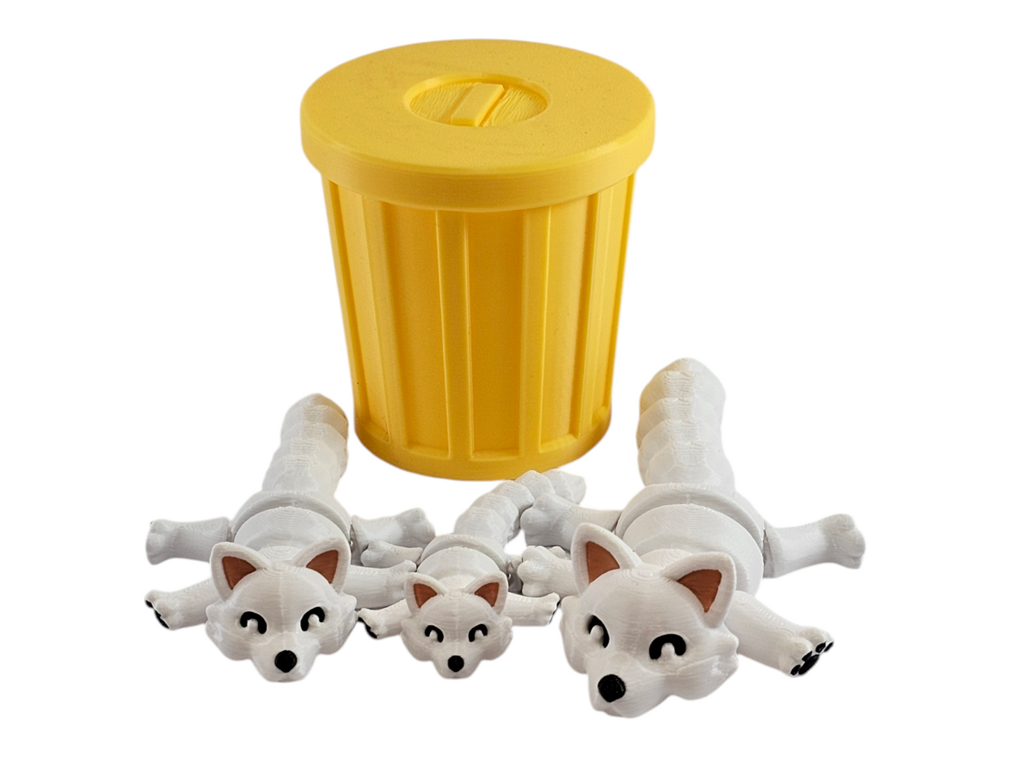 3D Printed Snow Fox Family Toy Set with Trash Can - Fun and Unique Artic Fox Figures for Kids - Eco-Friendly Playtime