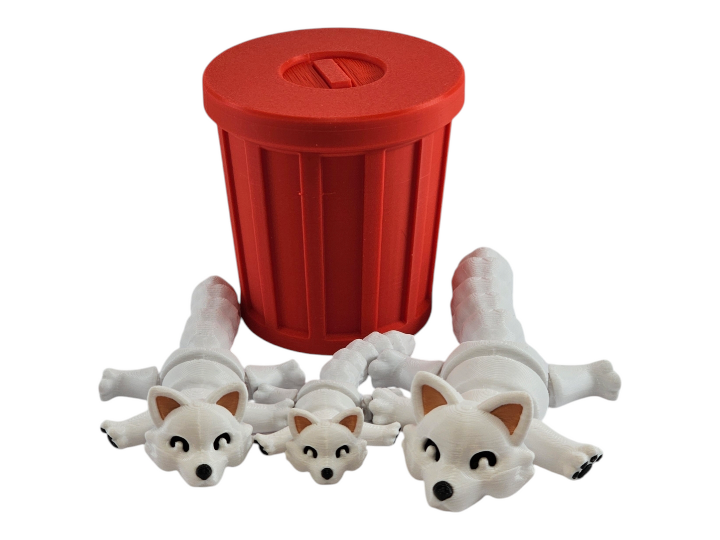 3D Printed Snow Fox Family Toy Set with Trash Can - Fun and Unique Artic Fox Figures for Kids - Eco-Friendly Playtime