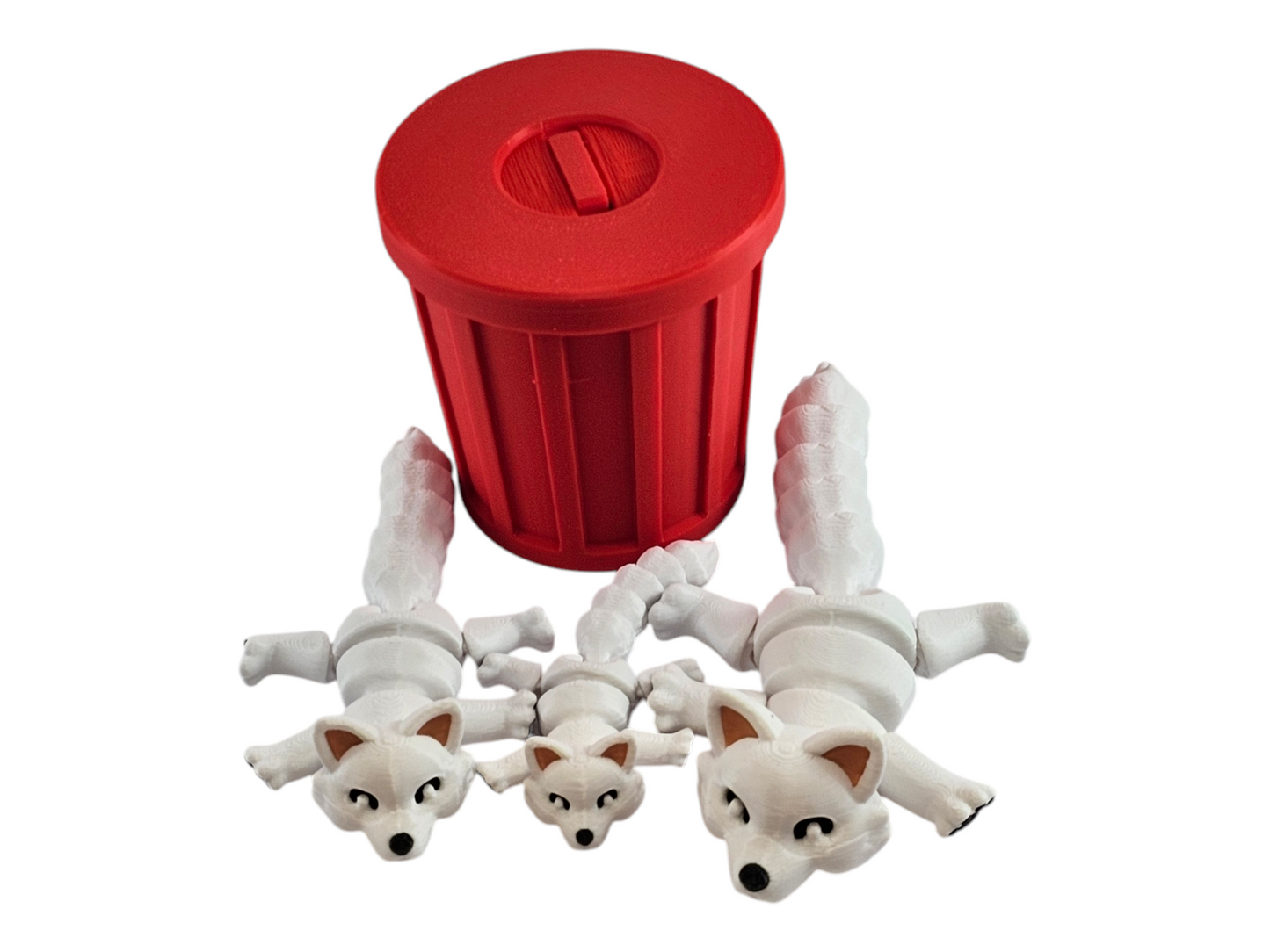 3D Printed Snow Fox Family Toy Set with Trash Can - Fun and Unique Artic Fox Figures for Kids - Eco-Friendly Playtime