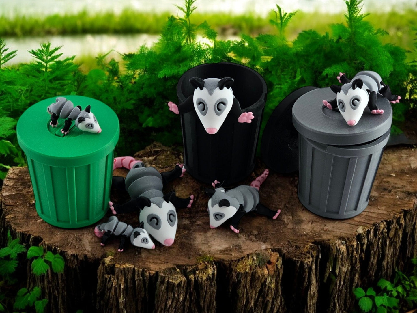 3D Printed Possum Family Toy Set with Trash Can - Fun and Unique Possum Figures for Kids - Eco-Friendly Playtime