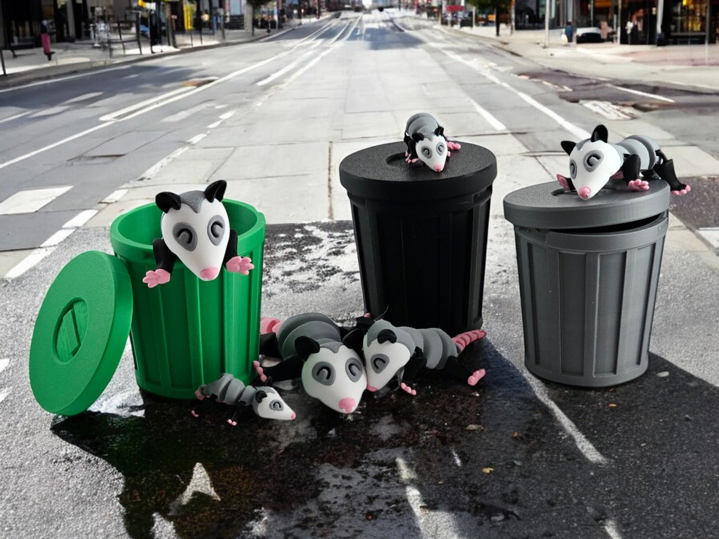 3D Printed Possum Family Toy Set with Trash Can - Fun and Unique Possum Figures for Kids - Eco-Friendly Playtime