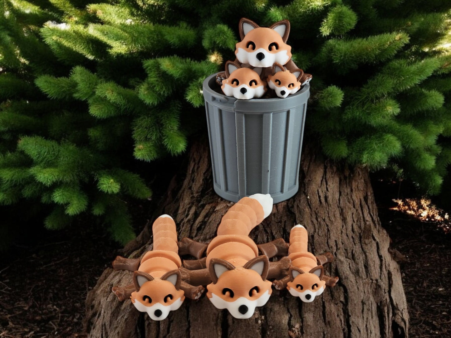 3D Printed Fox Family Toy Set with Trash Can - Fun and Unique Fox Figures for Kids - Eco-Friendly Playtime