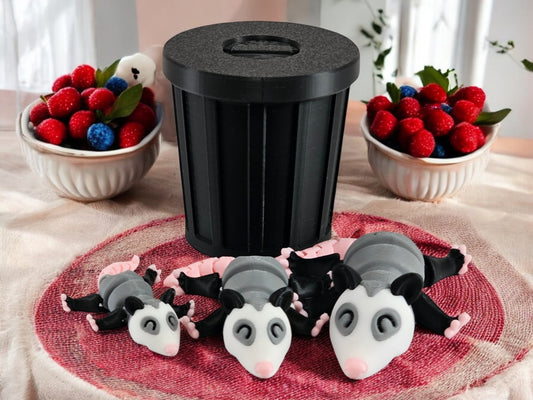 3D Printed Possum Family Toy Set with Trash Can - Fun and Unique Possum Figures for Kids - Eco-Friendly Playtime (AP)