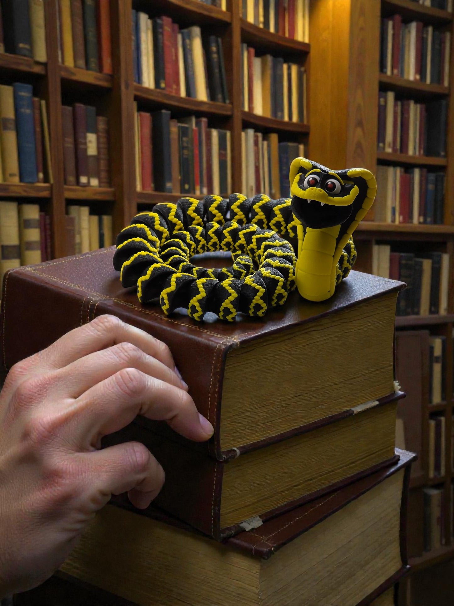 Coiled 23-inch articulated 3D printed king cobra figurine posed to show smooth movement