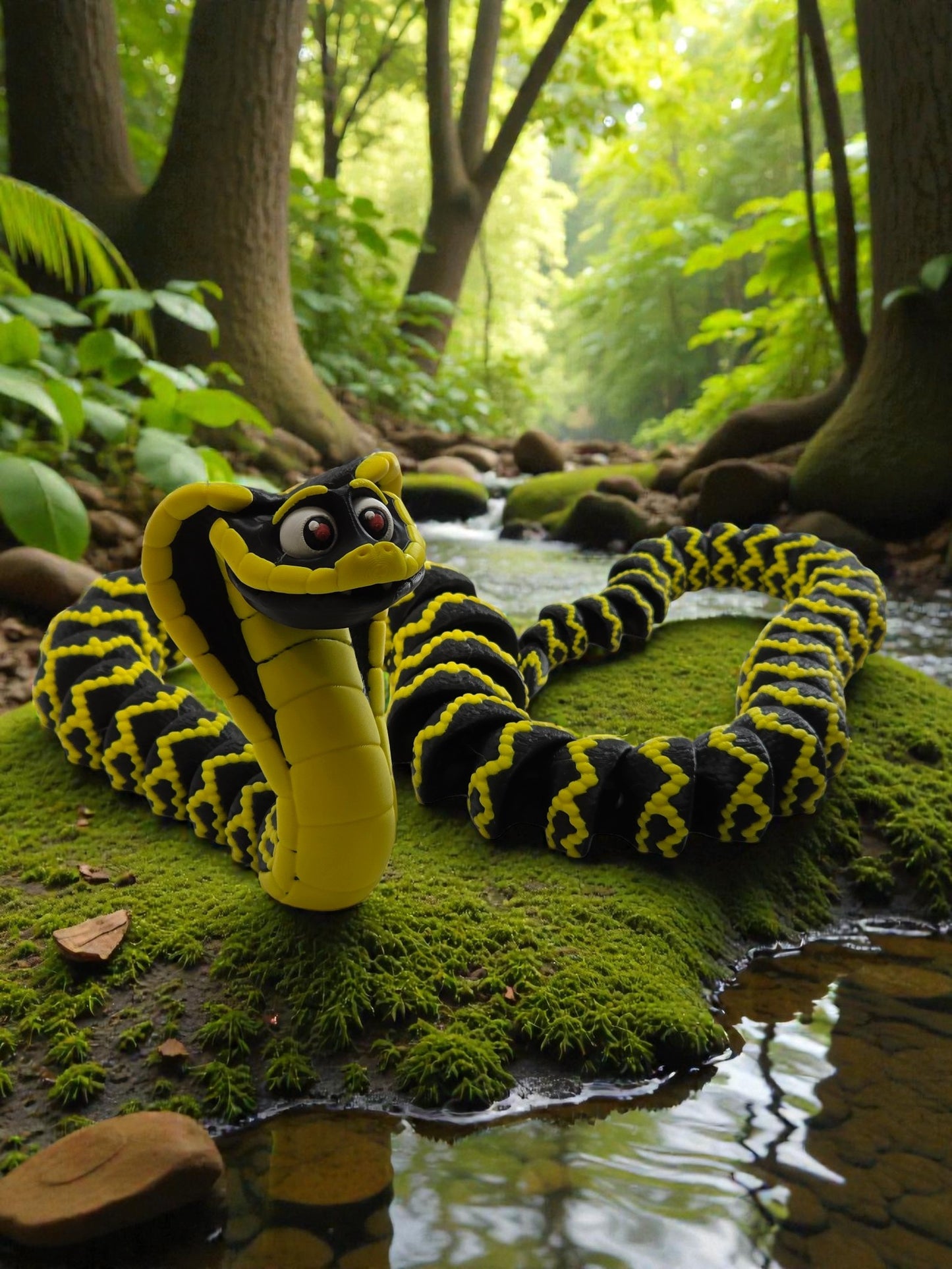 Snake on a mossy rock with a forest background